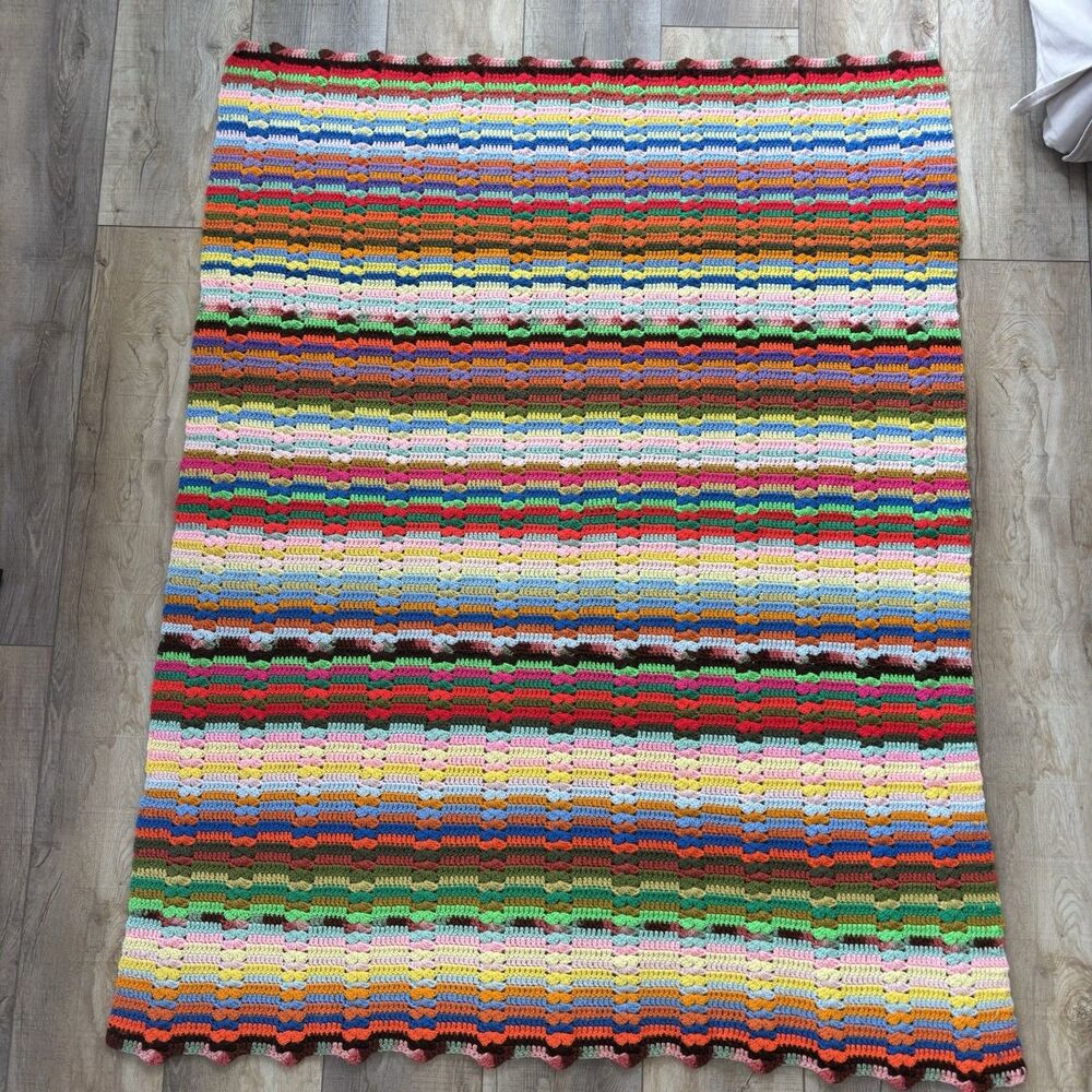 Vtg Handmade Crochet Lap Blanket Afghan Throw 51”x62” Multicolor Stripe Rainbow - Picture 2 of 10